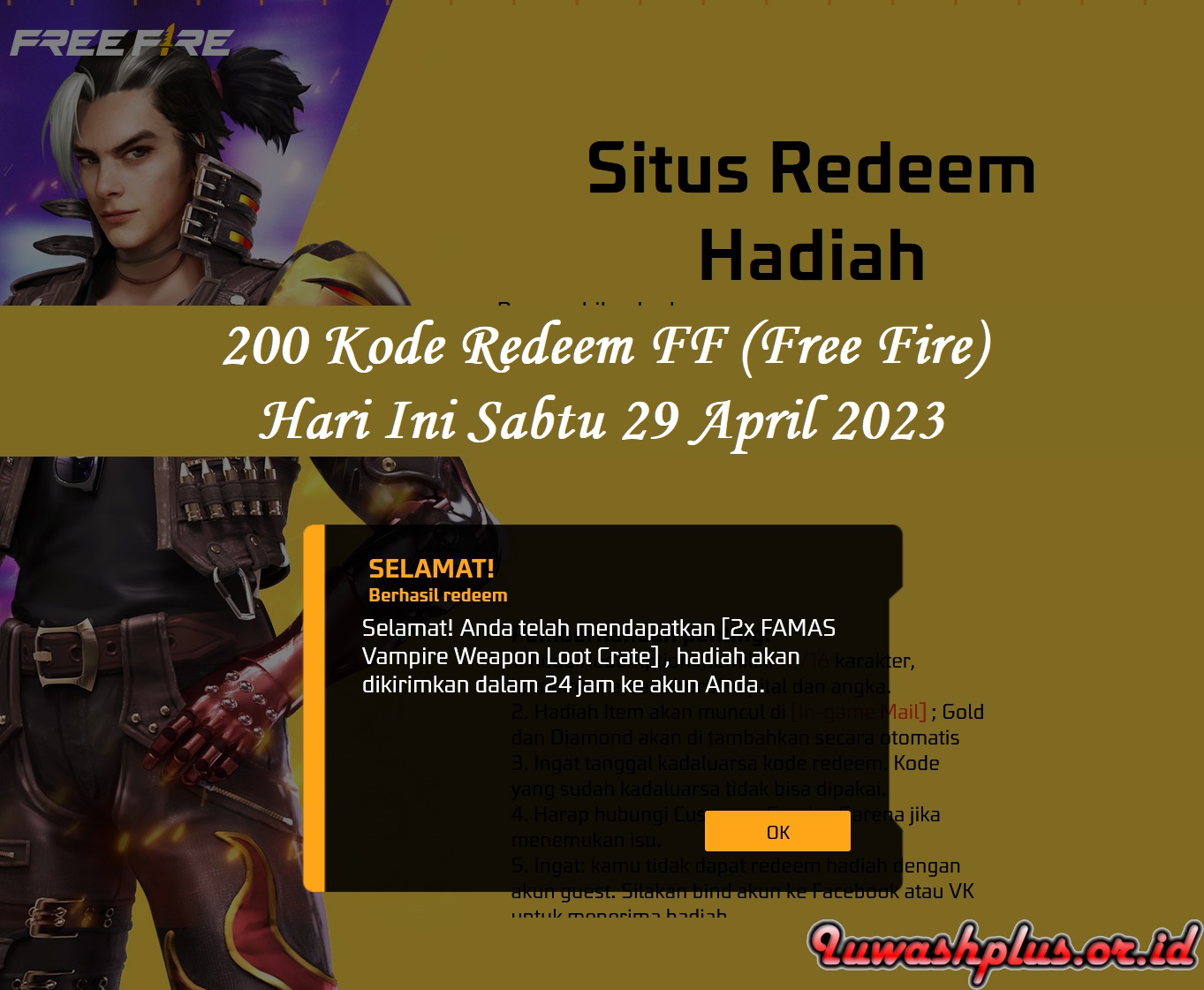 200 Kode Redeem FF (Free Fire) Hari Ini Sabtu 29 April 2023