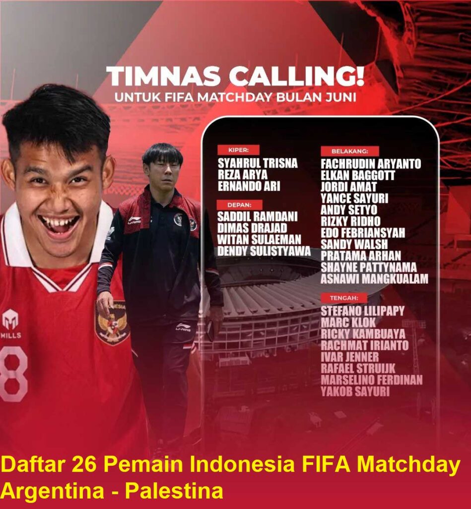 Daftar 26 Pemain Indonesia FIFA Matchday Argentina - Palestina